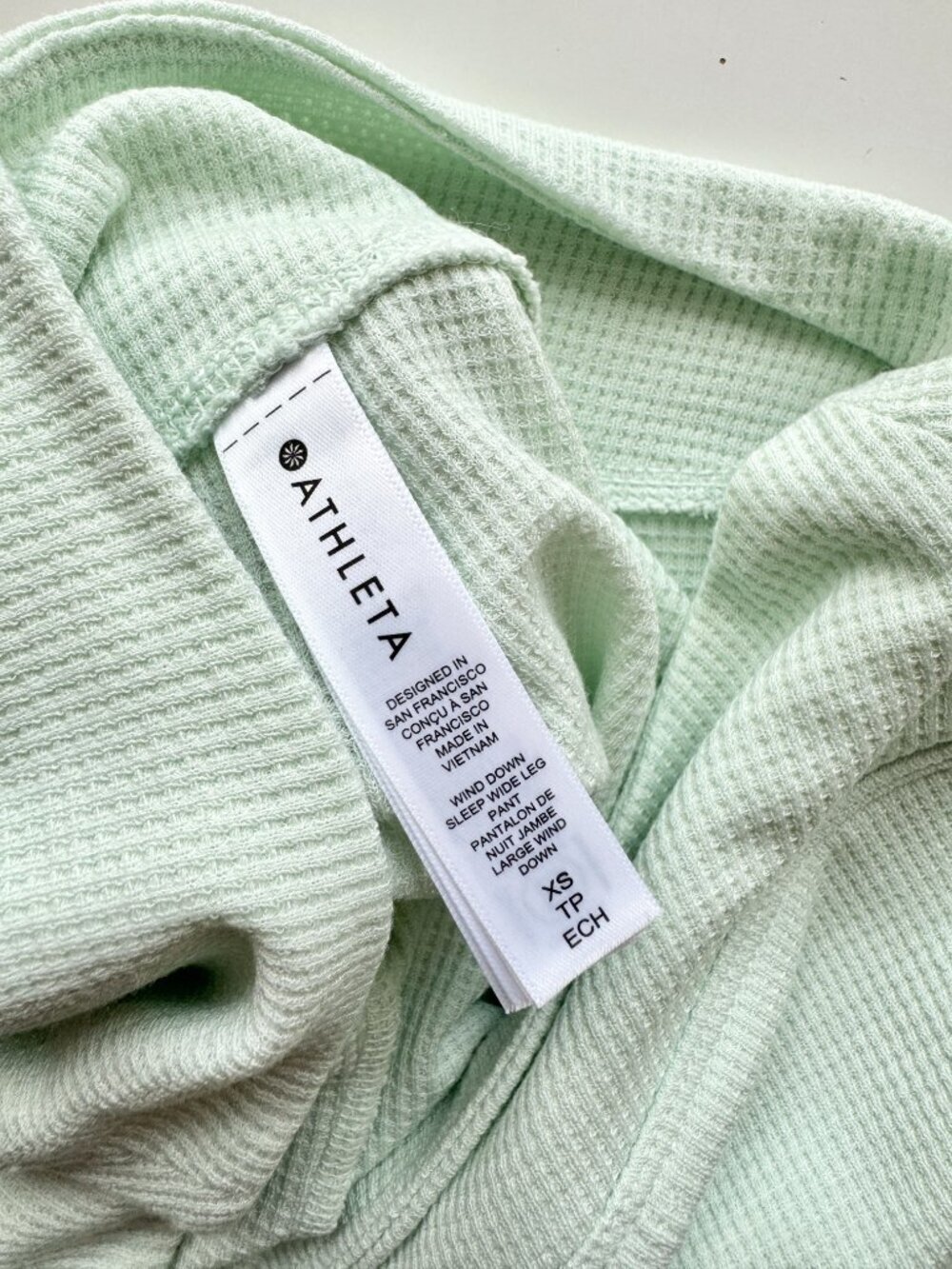 ATHLETA Wind Down Sleep Wide Leg Mint Green Cotton Waffle Knit Pants, Size XS - Picture 8 of 9